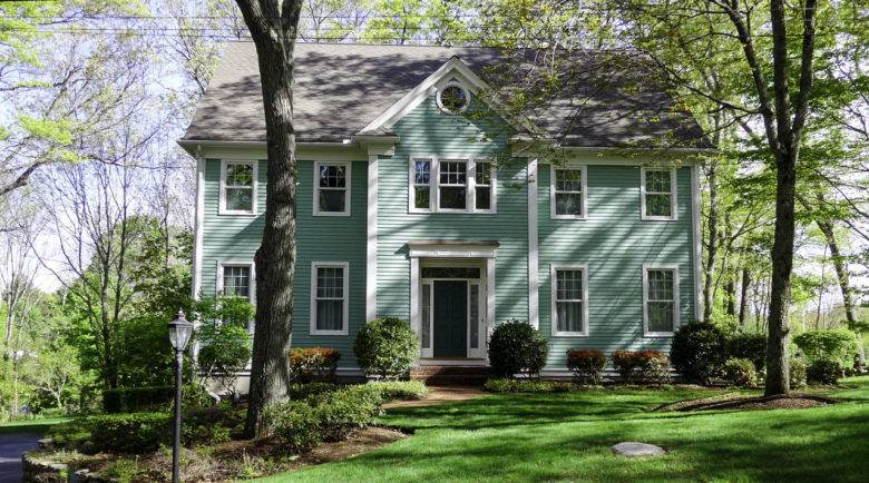 Benjamin Moore Lafayette Green exterior in Lexington, MA
