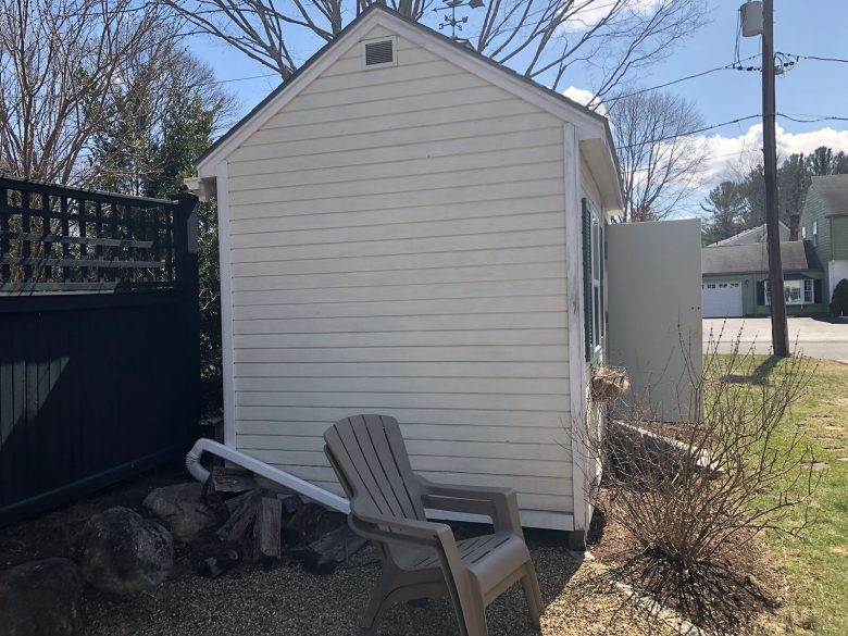 Exterior Shed Painting Before in Wellesley, MA