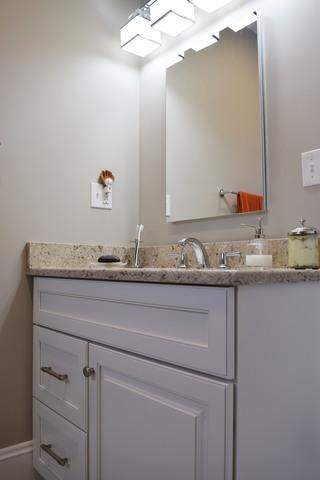 White vanity with Quartz countertop in Waltham, MA