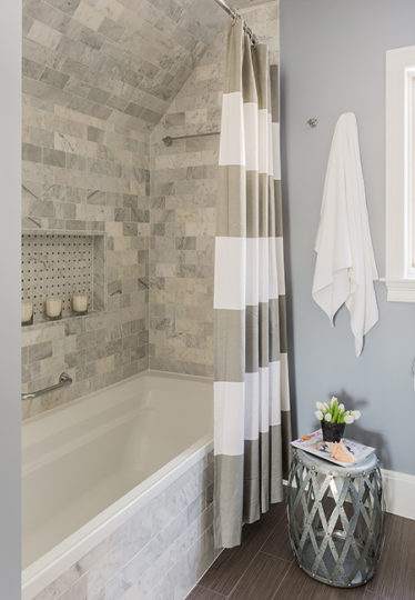 Basket weave tile in new shower and bath tub in Belmont, MA