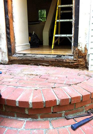 Previously rotted front door sill in Wayland, MA