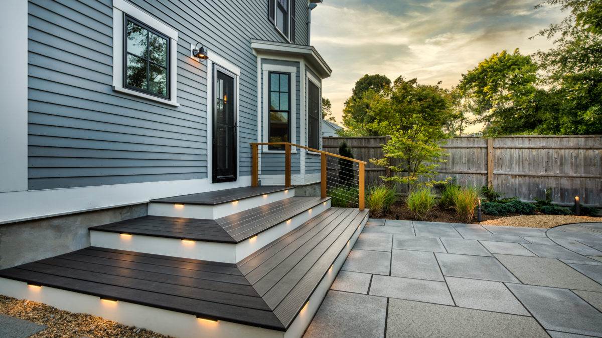 black composite deck on a patio